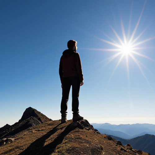 Home 11 A serene and expansive wide-angle photograph capturing an individual, possibly a silhouette, standing on a mountain ridge or peak, gazing out at a majestic, tranquil mountain panorama under a clear, bright sky. The image should convey a profound sense of peace, mental clarity, and relief from stress, embodying the therapeutic effect of nature and the absence of digital distractions.