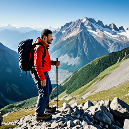 Home 6 A professional adult hiker, fully clothed in modest and appropriate technical outdoor attire, including a durable hiking jacket, convertible pants, and sturdy hiking boots. The hiker is actively traversing a steep, rocky mountain trail, skillfully using two trekking poles to maintain balance and aid ascent. The background features a dramatic, sprawling mountain landscape under a clear sky, characteristic of the Caucasus region, with distant peaks and rugged terrain. The image captures a dynamic yet natural pose, showcasing the functional use of the poles. Perfect anatomy, correct proportions, natural body proportions, well-formed hands, proper finger count, professional photography, high quality, safe for work, appropriate content, family-friendly.