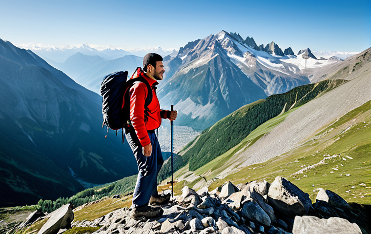 A professional adult hiker, fully clothed in modest and appropriate technical outdoor attire, including a durable hiking jacket, convertible pants, and sturdy hiking boots. The hiker is actively traversing a steep, rocky mountain trail, skillfully using two trekking poles to maintain balance and aid ascent. The background features a dramatic, sprawling mountain landscape under a clear sky, characteristic of the Caucasus region, with distant peaks and rugged terrain. The image captures a dynamic yet natural pose, showcasing the functional use of the poles. Perfect anatomy, correct proportions, natural body proportions, well-formed hands, proper finger count, professional photography, high quality, safe for work, appropriate content, family-friendly.