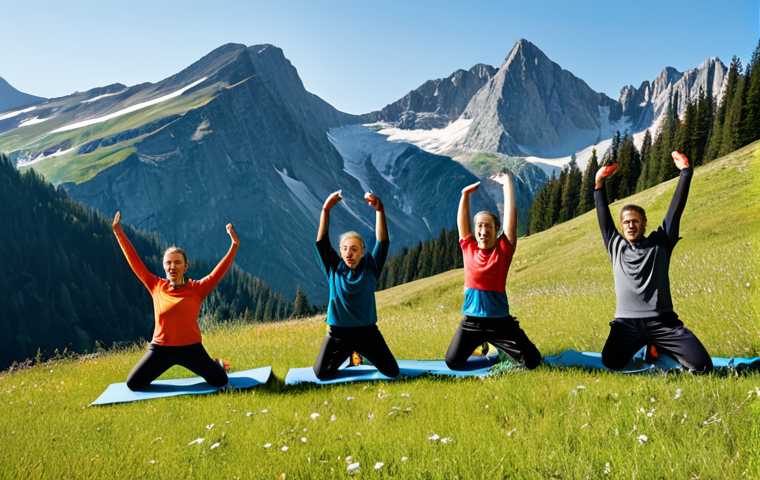 등산 전 스트레칭 요령 - Dynamic Stretching Preparation**

"A group of mountaineers doing dynamic stretching exercises in a s...