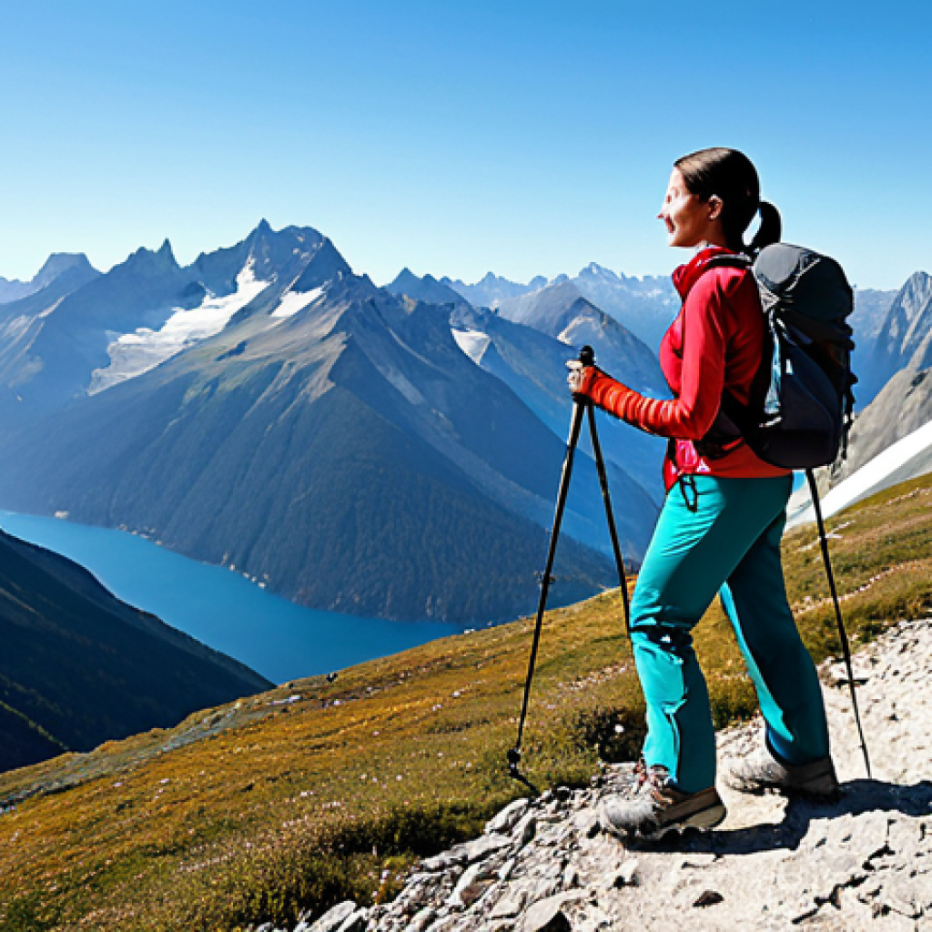 등산 복장 구성 가이드 - Mountain Vista Hike**

A woman hiking on a scenic mountain trail, wearing a fully clothed hiking out...
