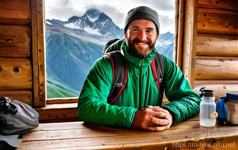 등산 중 근육 경련 대처법 - **A Hiker's Essential Gear Check in a Mountain Hut**
    A highly detailed, realistic photograph of ...