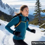 Home 18 등산복 레이어링 방법 - **Prompt:** A dynamic, full-body shot of a female hiker swiftly traversing a snowy, rugged mountain ...