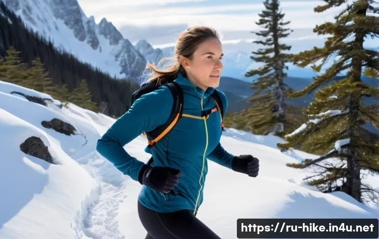등산복 레이어링 방법 - **Prompt:** A dynamic, full-body shot of a female hiker swiftly traversing a snowy, rugged mountain ...