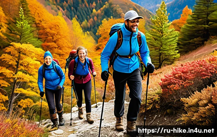 등산의 장기적인 건강 효과 - A group of diverse hikers trekking along a scenic mountain trail during autumn, wearing layered outd...
