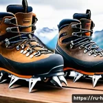 등산 시 추천 아이젠 - A detailed close-up of three types of mountain crampons (frame, semi-frame, and frameless) displayed...