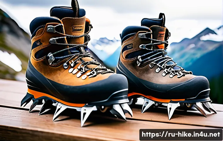 등산 시 추천 아이젠 - A detailed close-up of three types of mountain crampons (frame, semi-frame, and frameless) displayed...