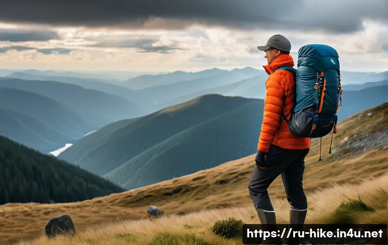 등산 중 감기 예방 노하우 - A detailed outdoor hiking scene featuring a person dressed in layered clothing suitable for variable...