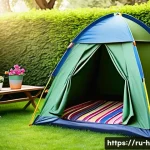 Home 22 등산 장비의 재활용 방법 - A cozy backyard scene featuring an old camping tent repurposed as a children’s playhouse, set in a l...