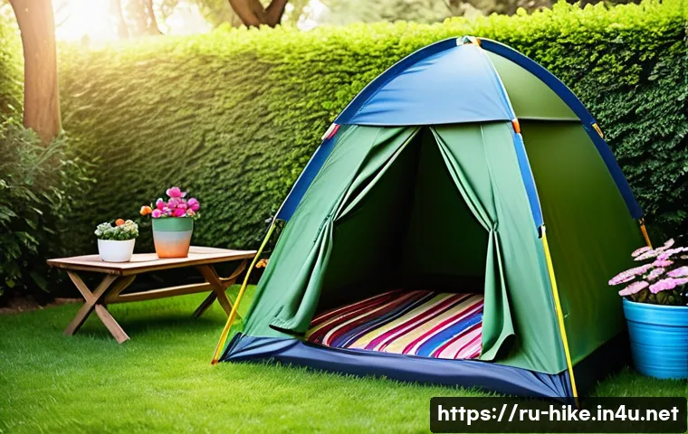 등산 장비의 재활용 방법 - A cozy backyard scene featuring an old camping tent repurposed as a children’s playhouse, set in a l...