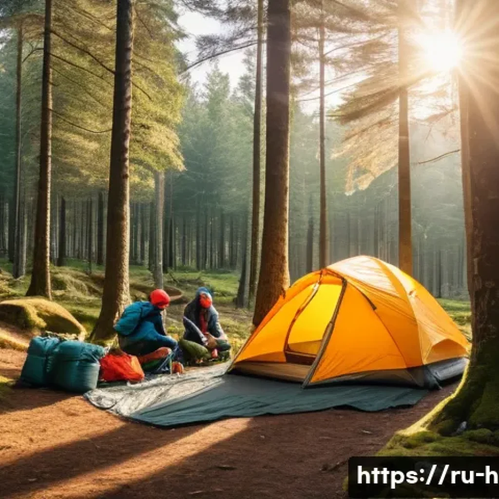 등산과 트레킹의 차이점 - A group of hikers setting up a campsite in a dense European forest during early evening, featuring a...