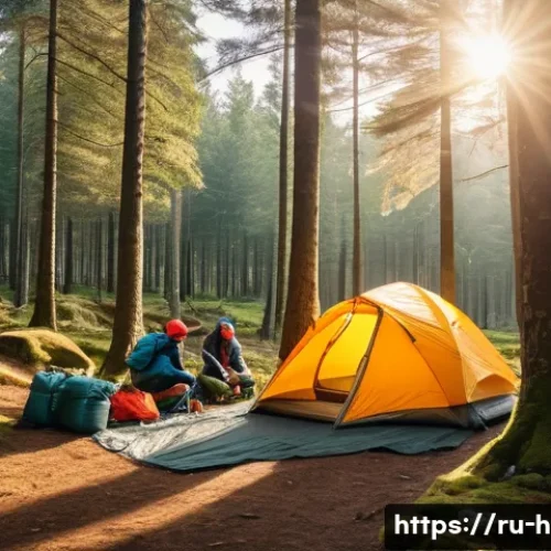 Home 33 등산과 트레킹의 차이점 - A group of hikers setting up a campsite in a dense European forest during early evening, featuring a...