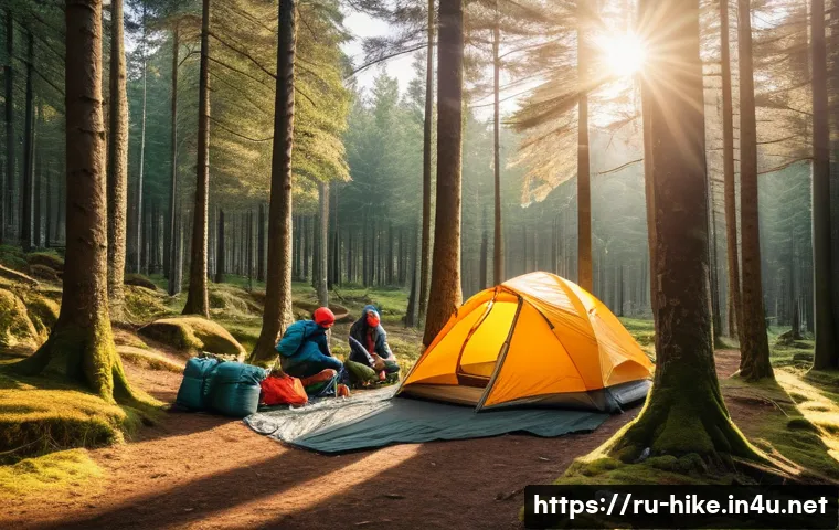 등산과 트레킹의 차이점 - A group of hikers setting up a campsite in a dense European forest during early evening, featuring a...