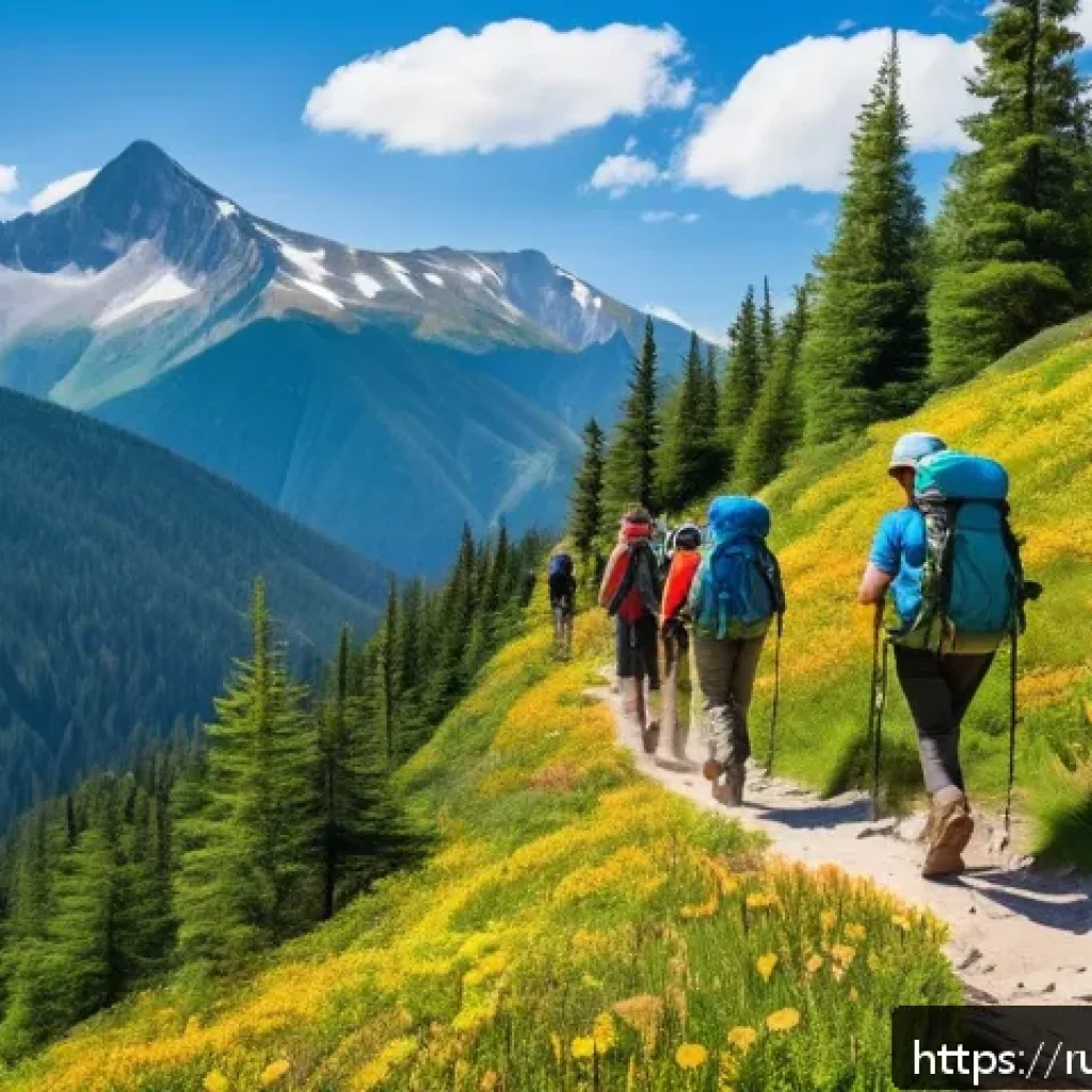 등산 다이어트 성공 사례 - A group of diverse hikers ascending a scenic mountain trail during a bright sunny day, wearing appro...