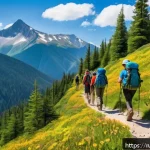Home 20 등산 다이어트 성공 사례 - A group of diverse hikers ascending a scenic mountain trail during a bright sunny day, wearing appro...