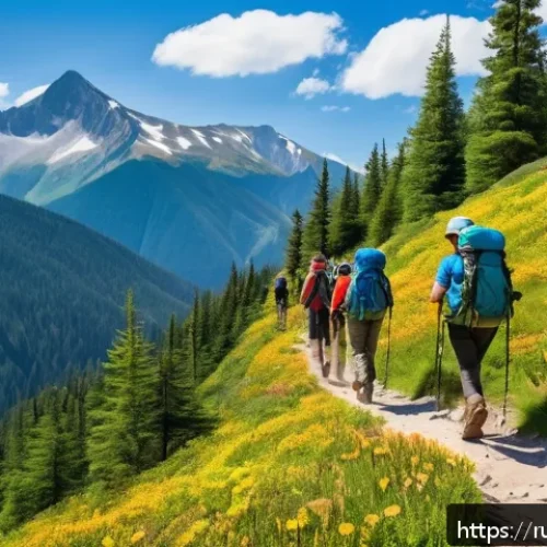 Home 32 등산 다이어트 성공 사례 - A group of diverse hikers ascending a scenic mountain trail during a bright sunny day, wearing appro...