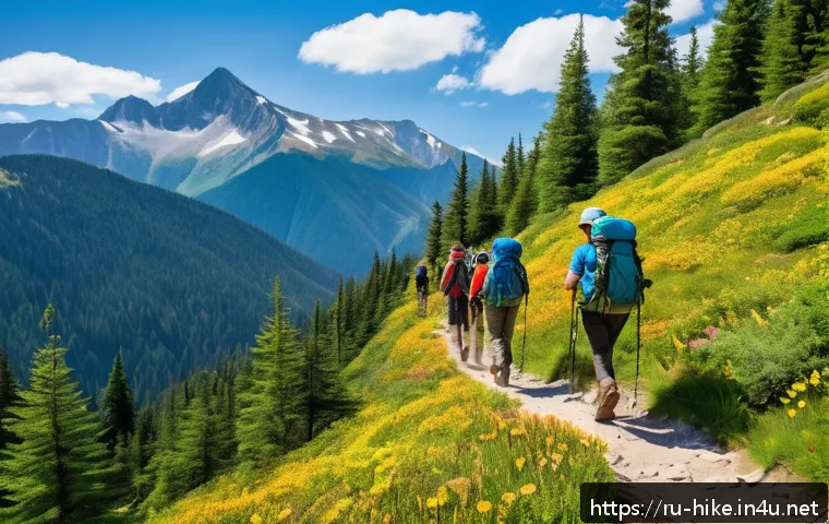 등산 다이어트 성공 사례 - A group of diverse hikers ascending a scenic mountain trail during a bright sunny day, wearing appro...