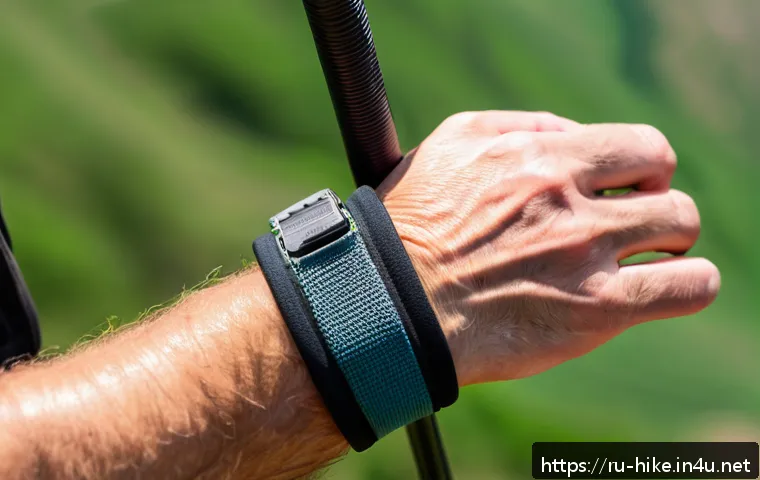 등산 스틱과 손목 스트랩 사용법 - A detailed close-up of a hiker&rsquo;s hands wearing trekking pole straps made of soft neoprene with ergon...