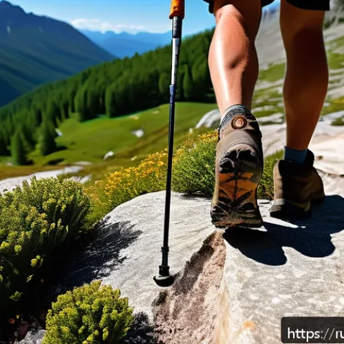 Home 30 등산 스틱 꼭 필요한 이유 - A detailed scene of a hiker using telescopic trekking poles on a rocky mountain trail during a sunny...