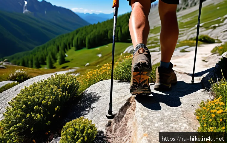 등산 스틱 꼭 필요한 이유 - A detailed scene of a hiker using telescopic trekking poles on a rocky mountain trail during a sunny...