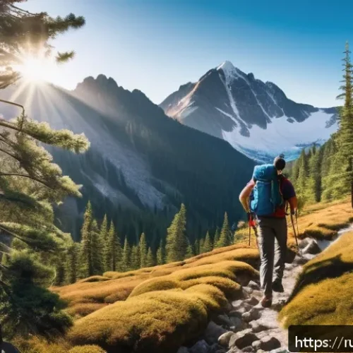 Home 17 등산 시 추천 음악 플레이리스트 - A dynamic mountain hiking scene featuring a young adult wearing lightweight hiking gear and breathab...