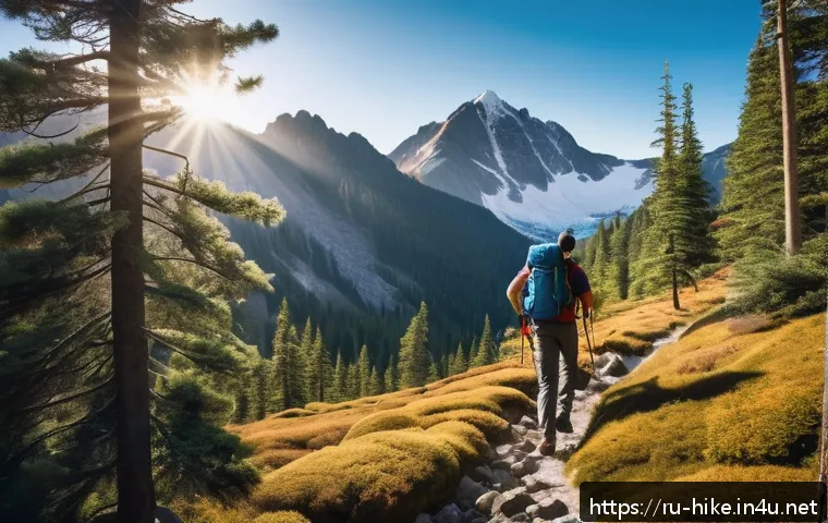 등산 시 추천 음악 플레이리스트 - A dynamic mountain hiking scene featuring a young adult wearing lightweight hiking gear and breathab...