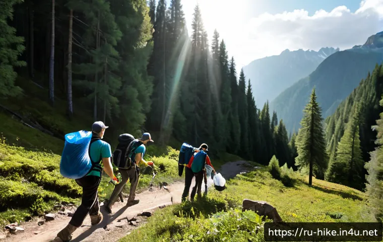 Home 17 등산과 환경 보존 활동 - Photorealistic wide-angle scene of a Russian hiking group on a forested mountain trail in the Caucas...
