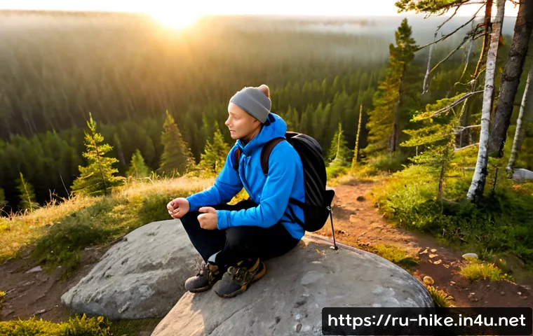 등산과 명상 결합법 - Photorealistic early-morning hiking meditation scene in a Russian pine forest near the Ural Mountain...
